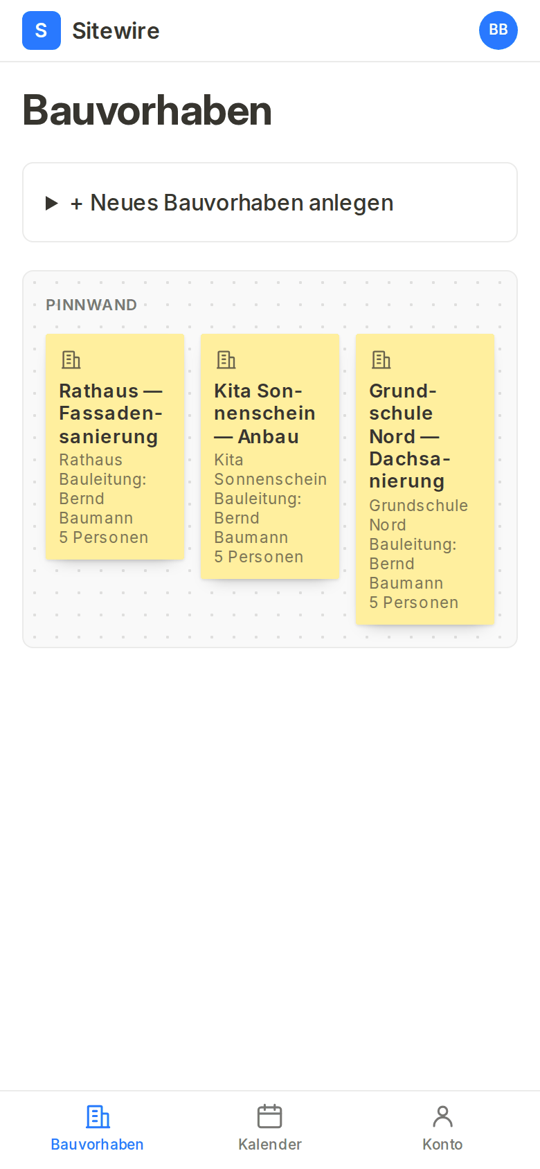 Die Bauvorhaben-Übersicht als Pinnwand