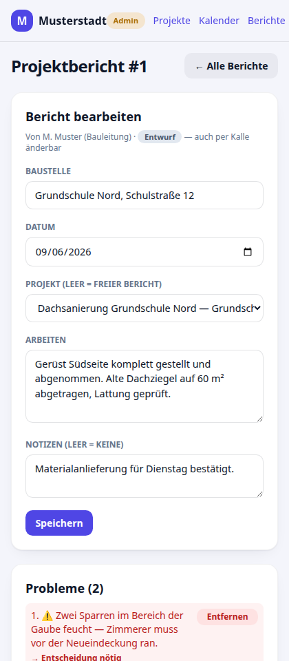 Handy-Ansicht: Projektbericht im Entwurf mit Problemliste und Foto-Upload