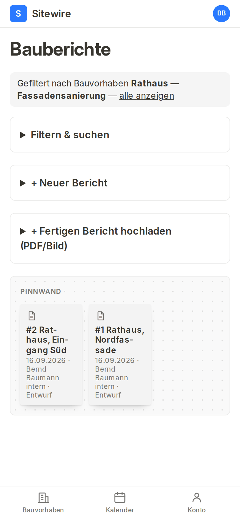 Die Bauberichte eines Bauvorhabens auf dem Handy