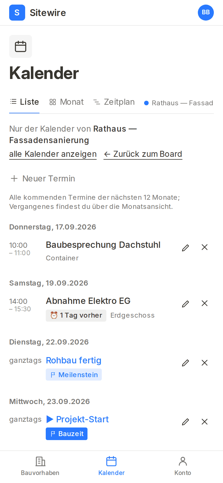 Sitewire auf dem Handy: Kalender mit Terminen, Meilenstein und Bauzeit