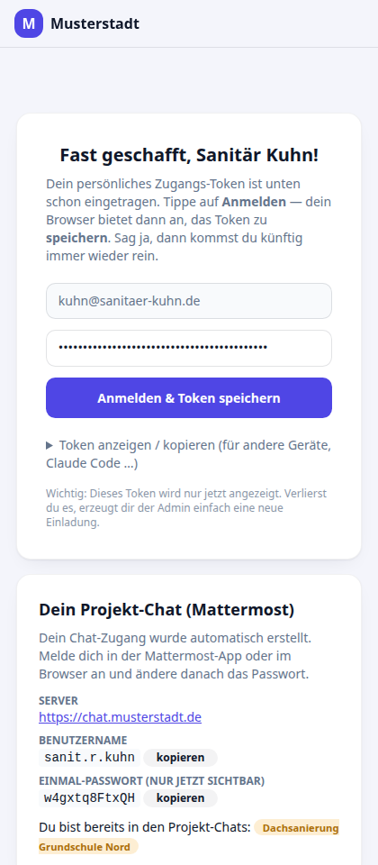Handy-Ansicht: Onboarding eines Handwerkers nach dem QR-Scan mit Chat-Zugangsdaten
