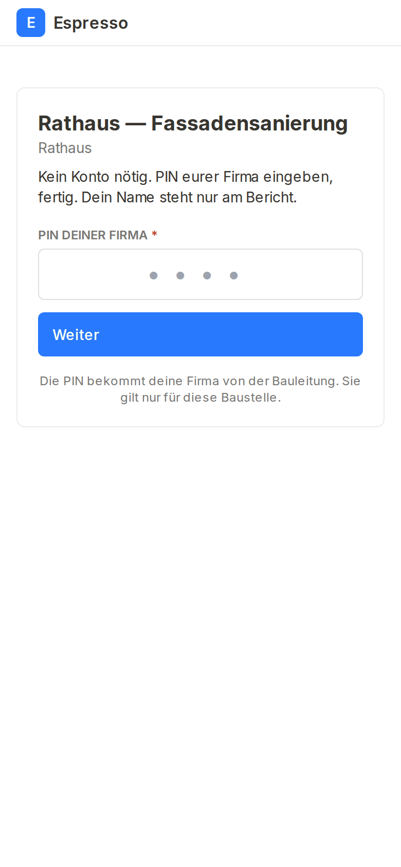 Die Seite nach dem QR-Scan: Firma wählen, PIN eingeben