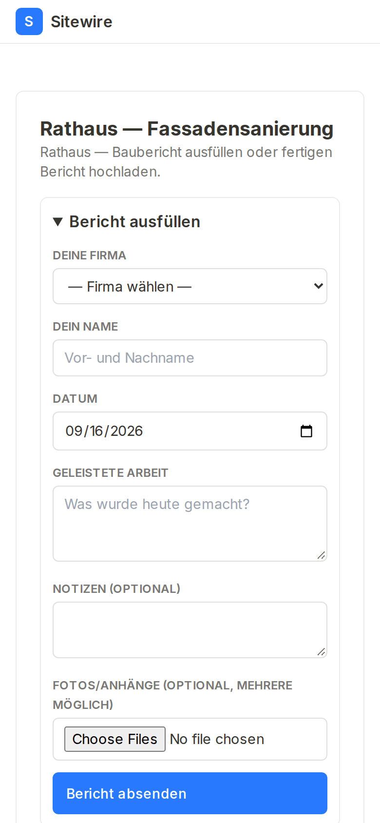 Die Baustellen-Maske nach dem QR-Scan: Bericht ohne Konto